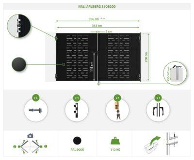 Pack portail battant NALI ARLBERG 3,5m H.200cm + Portillon H.200cm noir