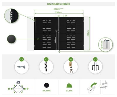 Pack portail battant NALI ARLBERG 3m H.200cm + Portillon H.200cm noir