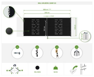 Pack portail battant NALI ARLBERG 3x1,2m + Portillon H.120cm noir