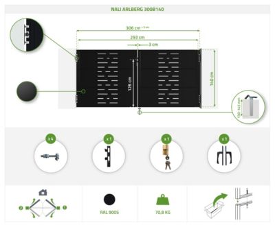 Pack portail battant NALI ARLBERG 3x1,4m + Portillon H.140cm noir