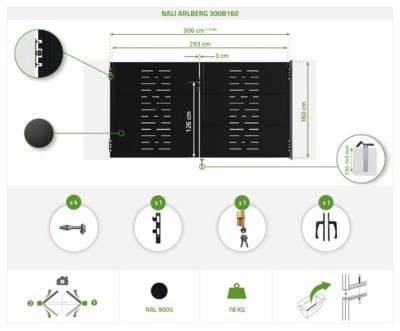 Pack portail battant NALI ARLBERG 3x1,6m + Portillon H.160cm noir