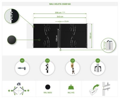 Pack portail battant NALI VELETA 3,5x1,6m + Portillon H.160cm noir