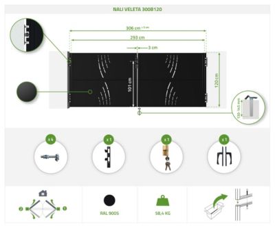 Pack portail battant NALI VELETA 3x1,2m + Portillon H.120cm noir