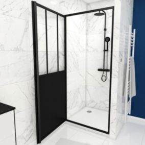 Pack Porte de Douche Atelier Pivotante Noire 80x200 cm et Receveur Blanc Effet Pierre 80x80x4 cm