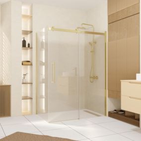 Pack Porte de Douche Coulissante 140x200cm et Retour 90cm - Or Doré Brossé et Verre trempé 6mm