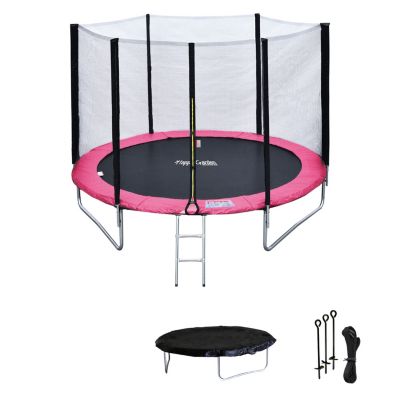 Pack Premium Trampoline 245cm  réversible gris / rose CANBERRA + filet, échelle, bâche et kit d'ancrage - Happy Garden