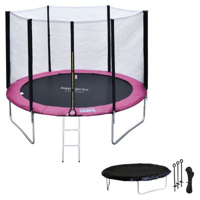 Pack Premium Trampoline 305cm réversible gris / rose ADELAIDE + filet, échelle, bâche et kit d'ancrage - Happy Garden