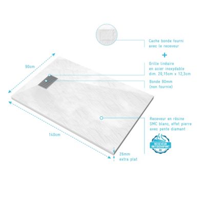 Pack Receveur Blanc Effet Pierre 90x140 cm et Grille décor Linéaire en Inox