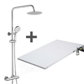 Pack Receveur de douche 70 x 100 cm extra plat blanc + Colonne de douche thermostatique chromee