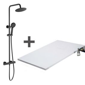 Pack Receveur de douche 70 x 100 cm extra plat blanc + Colonne de douche thermostatique noir mat