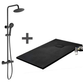 Pack Receveur de douche 70 x 100 cm extra plat noir + Colonne de douche thermostatique noir mat