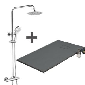 Pack Receveur de douche 80 x 120 cm extra plat gris basalte + Colonne de douche thermostatique chromee