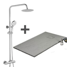 Pack Receveur de douche 80 x 120 cm extra plat gris + Colonne de douche thermostatique chromee