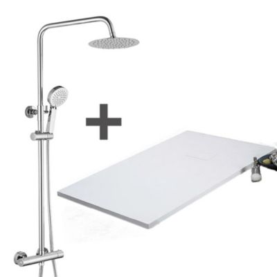 Pack Receveur de douche 80 x 170 cm extra plat blanc + Colonne de douche thermostatique chromee