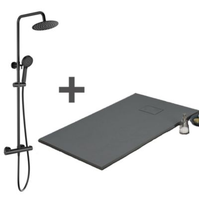 Pack Receveur de douche 90 x 150 cm extra plat gris basalte + Colonne de douche thermostatique