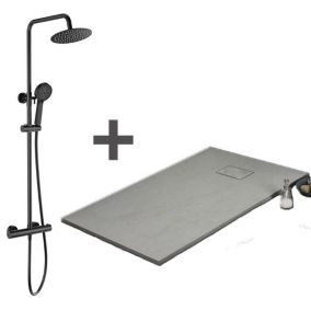 Pack Receveur de douche 90 x 150 cm extra plat gris + Colonne de douche thermostatique noir mat