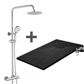 Pack Receveur de douche 90 x 150 cm extra plat noir + Colonne de douche thermostatique chromee