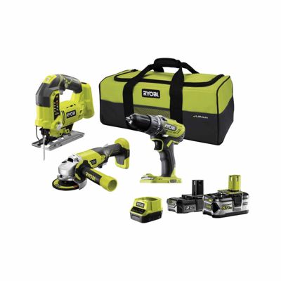 Pack RYOBI 18V One+ - Perceuse-visseuse - Meuleuse - Scie sauteuse pendulaire - 2 batteries - 1 chargeur rapide R18CK3C-252S