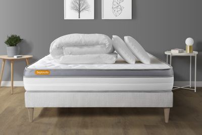 Pack sommier kit matelas  Mémoire de forme avec couette et oreillers