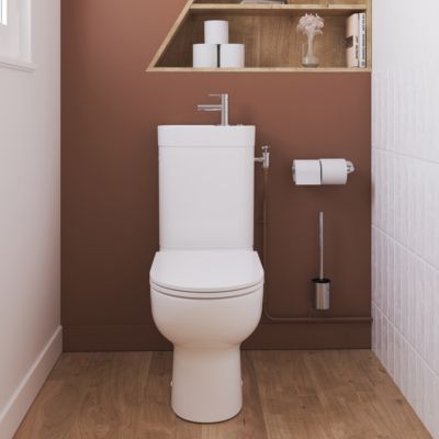 Pack WC à poser sans bride vortex avec lave-mains intégré, abattant déclipsable et frein de chute, sortie horizontale, GoodHome Cavally