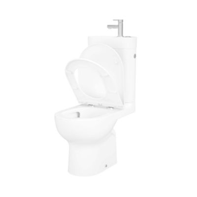 Pack WC à poser sans bride vortex avec lave-mains intégré, abattant déclipsable et frein de chute, sortie horizontale, GoodHome Cavally