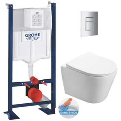 Pack WC Bâti autoportant + WC sans bride SAT Infinitio + Abattant softclose + Plaque chrome mat (ProjectInfinitio-5)