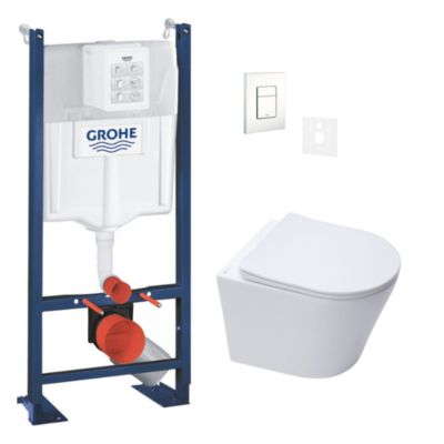 Pack WC Bâti autoportant + WC suspendu sans bride Infinitio + Abattant softclose + Plaque Blanche + Set d'isolation phonique
