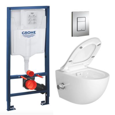 Pack WC Bâti-support Rapid SL + WC sans bride avec fonction bidet thermostatique + Plaque chrome