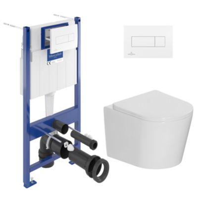 Pack WC bâti-support sol-mur Villeroy & Boch + WC suspendu sans bride Ceramia + abattant SoftClose + plaque blanche (VCNCETOR2)
