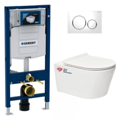 Pack WC Bati Geberit  Duofix + WC sans bride Swiss Aqua Technologies + Abattant ultra-fin softclose + Plaque de commande