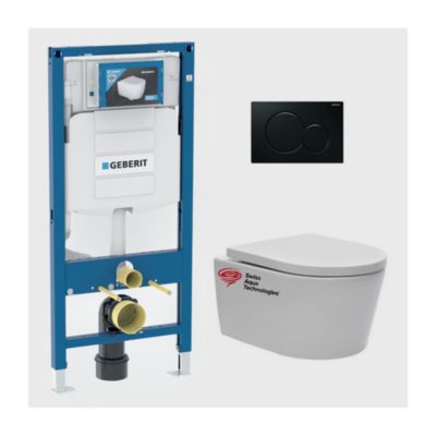 Pack WC Bati-support Geberit avec Cuvette SAT rimless fixations invisibles + Abattant softclose + Plaque noire (GebSatrimless-A)
