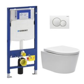 Pack WC Bati-support Geberit + Cuvette SAT rimless fixations invisibles + Abattant softclose + Plaque blanc alpin GebSATrimless-
