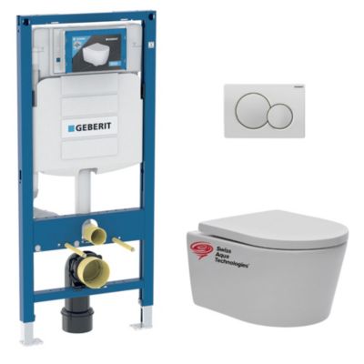 Pack WC Bati-support Geberit + Cuvette SAT rimless fixations invisibles + Abattant softclose + Plaque blanc alpin