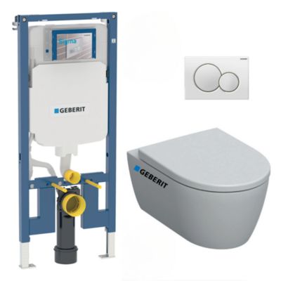 Pack WC Bati-support Geberit Duofix extra-plat + WC sans bride Geberit iCon + Abattant softclose + Plaque blanche (SLIM-iCon-B)