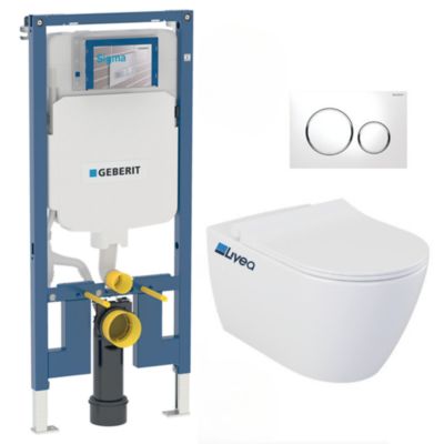 Pack WC Bati-support Geberit Duofix UP720 extra-plat + WC sans bride Livea Bello + Abattant softclose + Plaque blanche