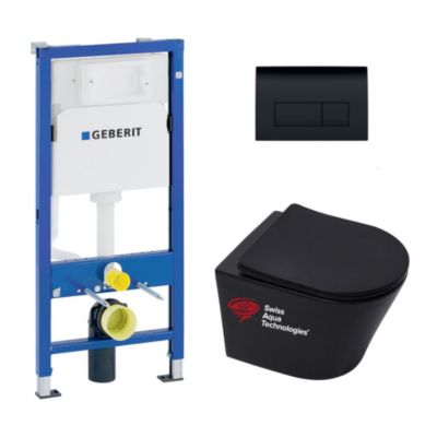 Pack WC Bati-support Geberit Duofix + WC sans bride SAT Infinitio Noir mat + Abattant frein de chute + Plaque Noire (BlackInfini
