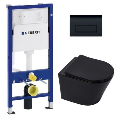 Pack WC Bati-support Geberit Duofix + WC sans bride SAT Infinitio Noir mat + Abattant frein de chute + Plaque Noire (BlackInfini