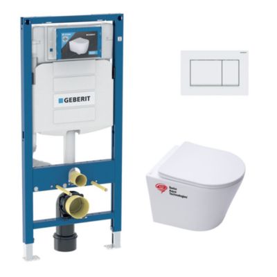 Pack WC Bati-support Geberit UP320 + WC Swiss Aqua Technologies Infinitio sans bride + Abattant softclose + Plaque blanche