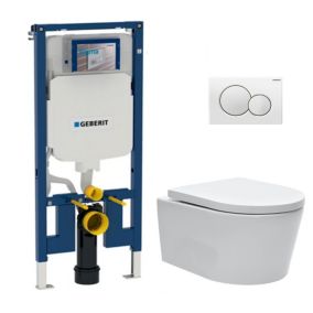 Pack WC Bati-support Geberit UP720 extraplat + WC SAT sans bride fixations invisibles + Abattant + Plaque blanche SLIM-SATrimles