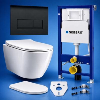 Pack WC GEBERIT Bâti-support Duofix+WC Slim Soft-Close ROLO blanc+tapis d'isolation acoustique+plaque noir