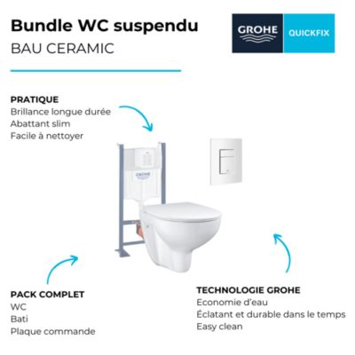 Pack WC sans bride Bau Ceramic slim avec abattant + Bâti support SL Rapid + Plaque de commande carré blanc