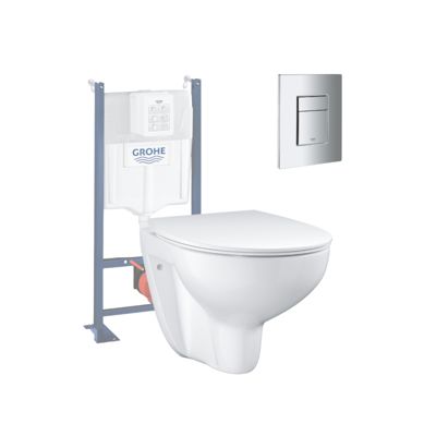 Pack WC sans bride Bau Ceramic slim avec abattant + Bâti support SL Rapid + Plaque de commande carré chromé