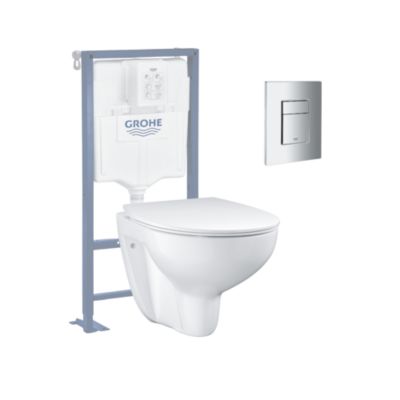 Pack WC sans bride Bau Ceramic Slim avec abattant + Bati support Solido + Plaque de commande carré chromé