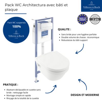 Pack WC sans bride VILLEROY ET BOCH Architectura avec abattant + bâti-support sol et mur Viconnect PRO + plaque blanche