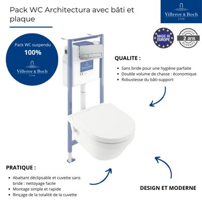 Pack WC sans bride VILLEROY ET BOCH Architectura avec abattant + bâti-support sol et mur Viconnect PRO + plaque chromée mat