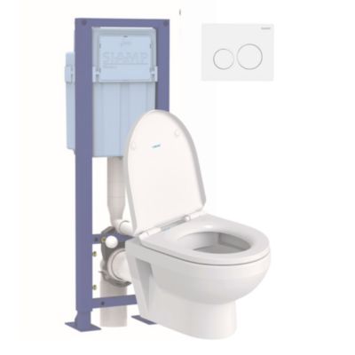 Pack WC suspendu compact sans bride DURAVIT Duravit No.1 abattant frein de chute + bati support SIAMP + Plaque de commande blanche