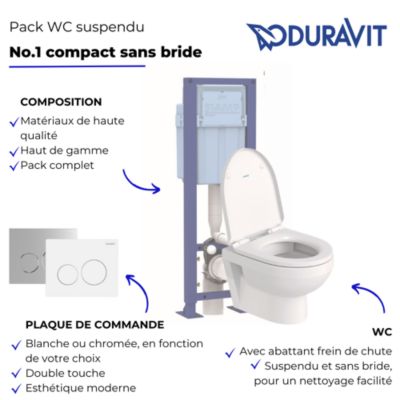 Pack WC suspendu compact sans bride DURAVIT Duravit No.1 abattant frein de chute + bati support SIAMP + Plaque de commande blanche