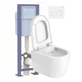 Pack WC suspendu compact sans bride DURAVIT Me by Starck abattant frein de chute + bati support SIAMP + Plaque de commande blanche