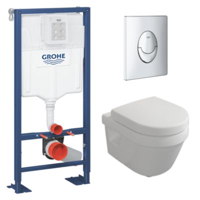 Pack WC suspendu compact sans bride VILLEROY ET BOCH Architectura + abattant + plaque blanche + bâti Grohe