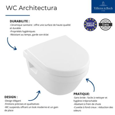 Pack WC suspendu compact sans bride VILLEROY ET BOCH Architectura + abattant + plaque blanche + bâti Grohe